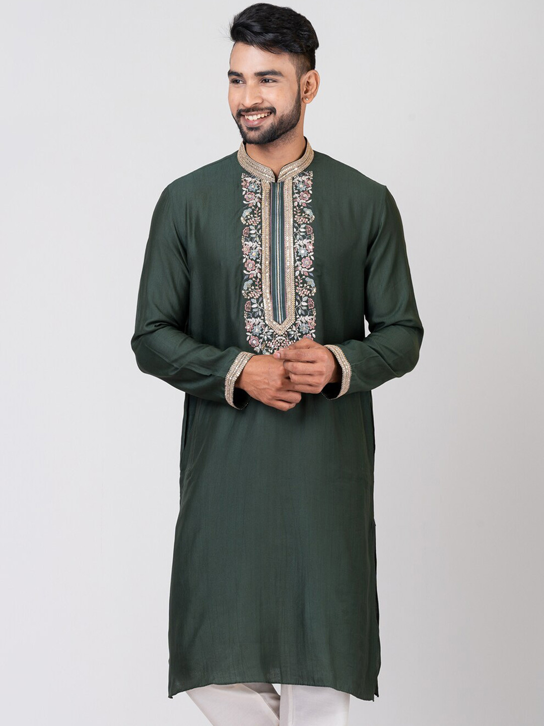 

HU - Handcrafted Uniquely Floral Yoke Design Mandarin Collar Cotton Silk Straight Kurta, Olive