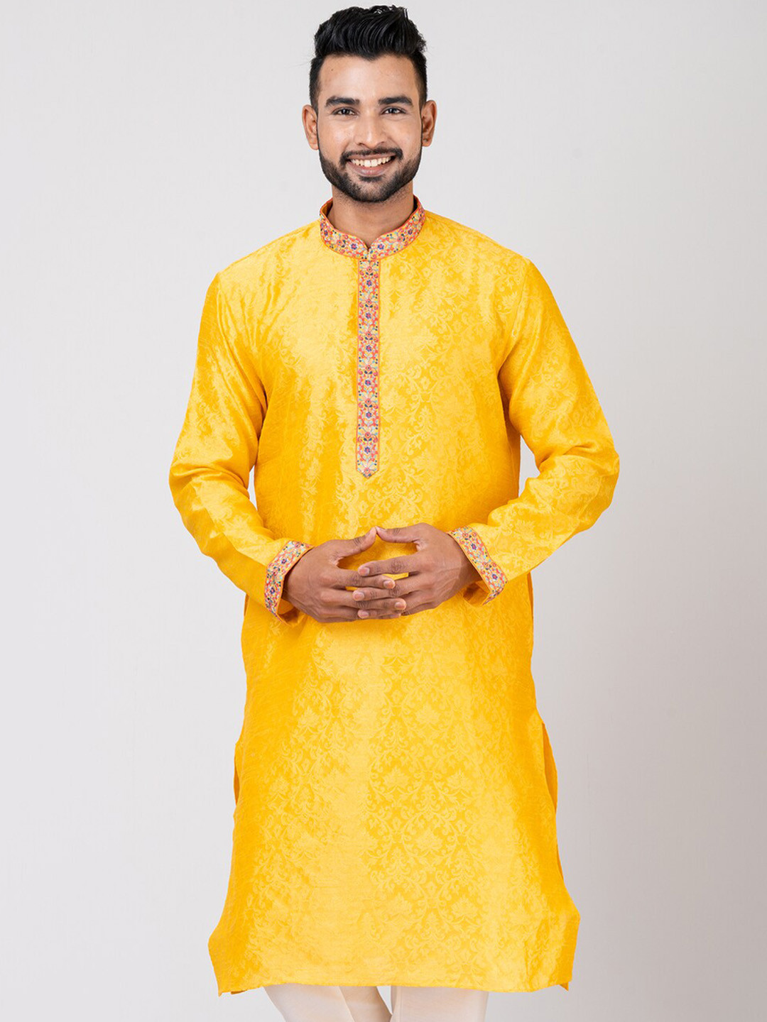 

HU - Handcrafted Uniquely Ethnic Motifs Woven Design Thread Work Jacquard Kurta, Yellow