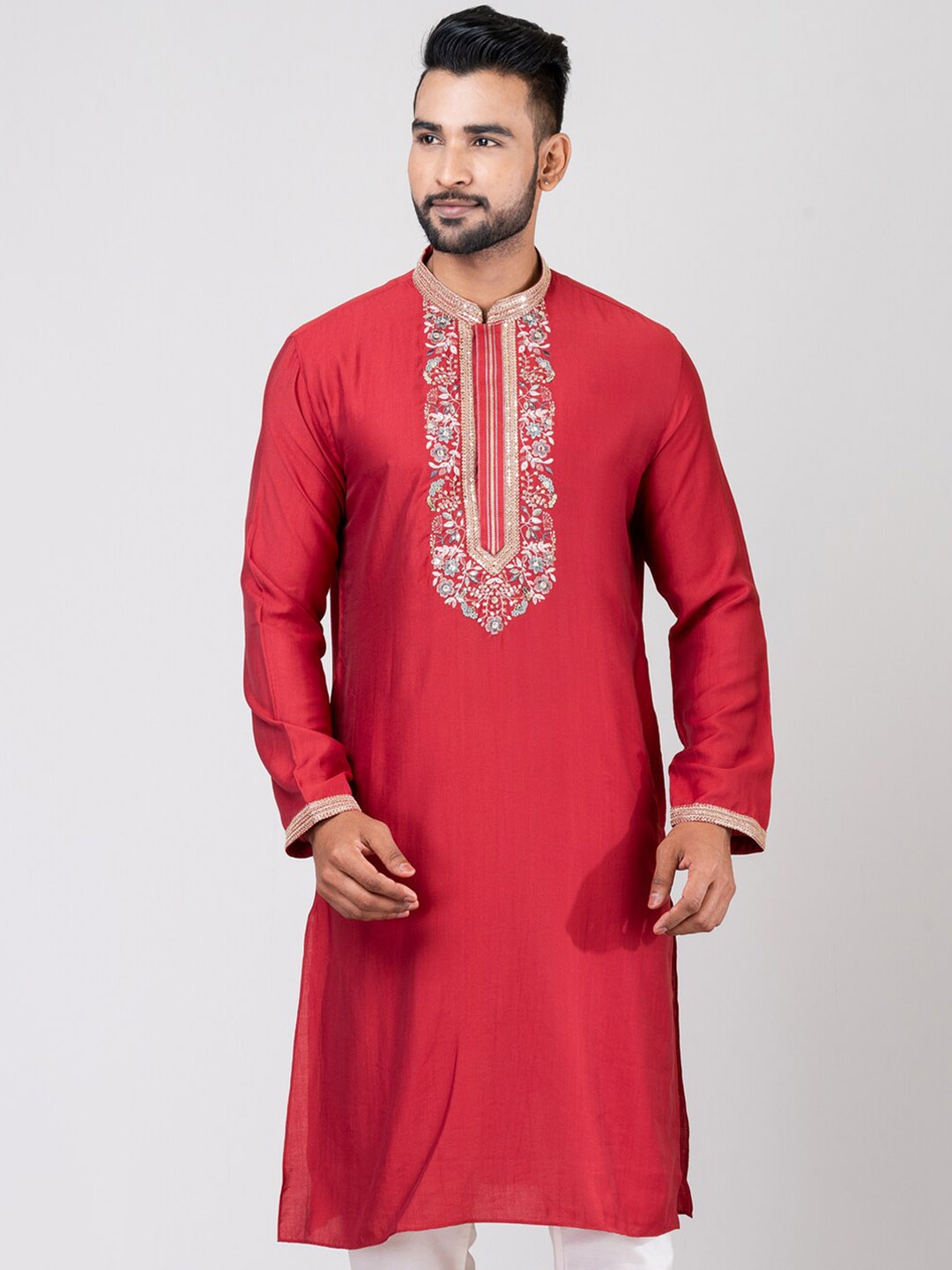 

HU - Handcrafted Uniquely Floral Yoke Design Mandarin Collar Cotton Silk Straight Kurta, Red