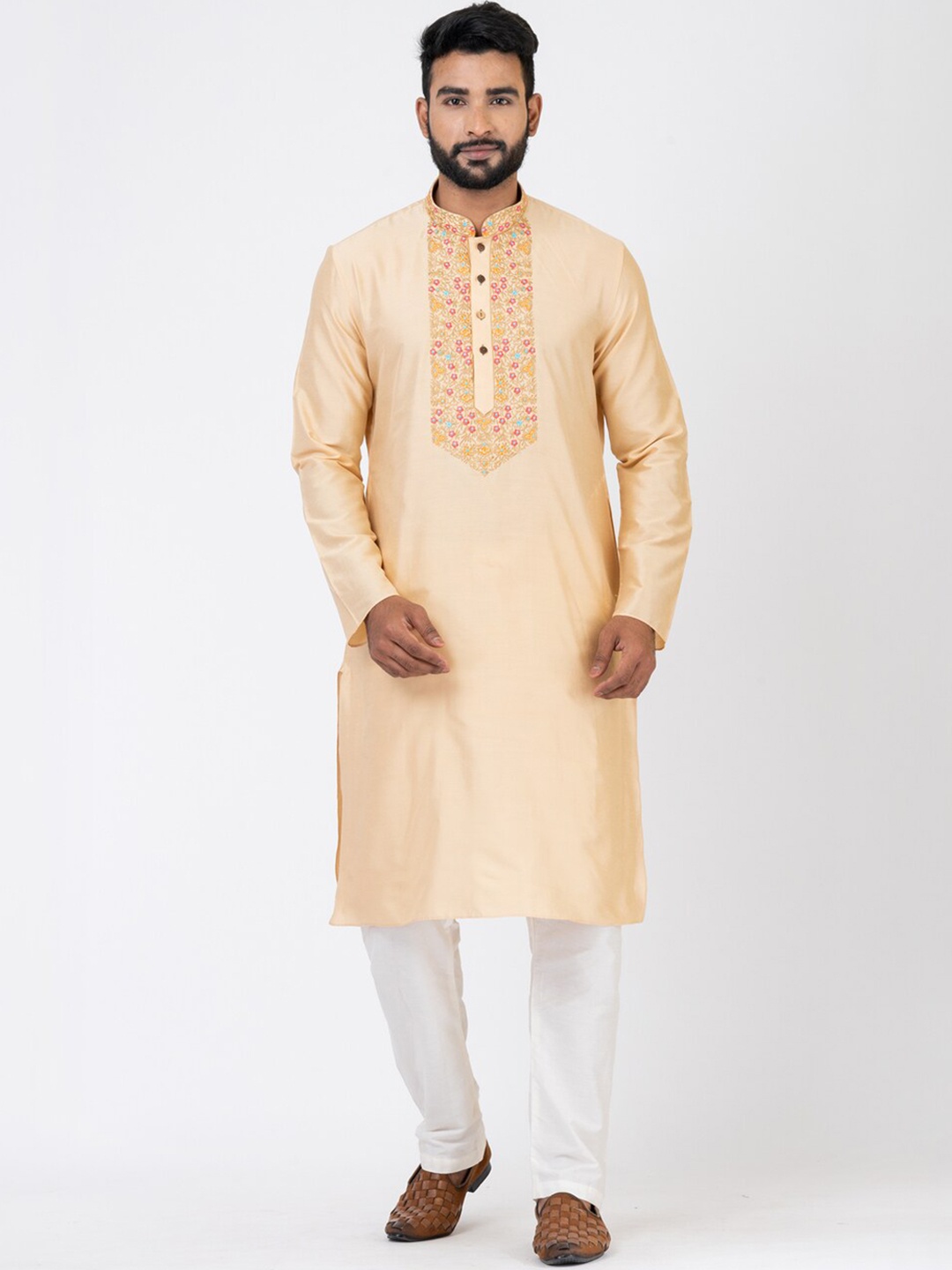 

HU - Handcrafted Uniquely Floral Yoke Design Mandarin Collar Cotton Silk Straight Kurta, Champagne
