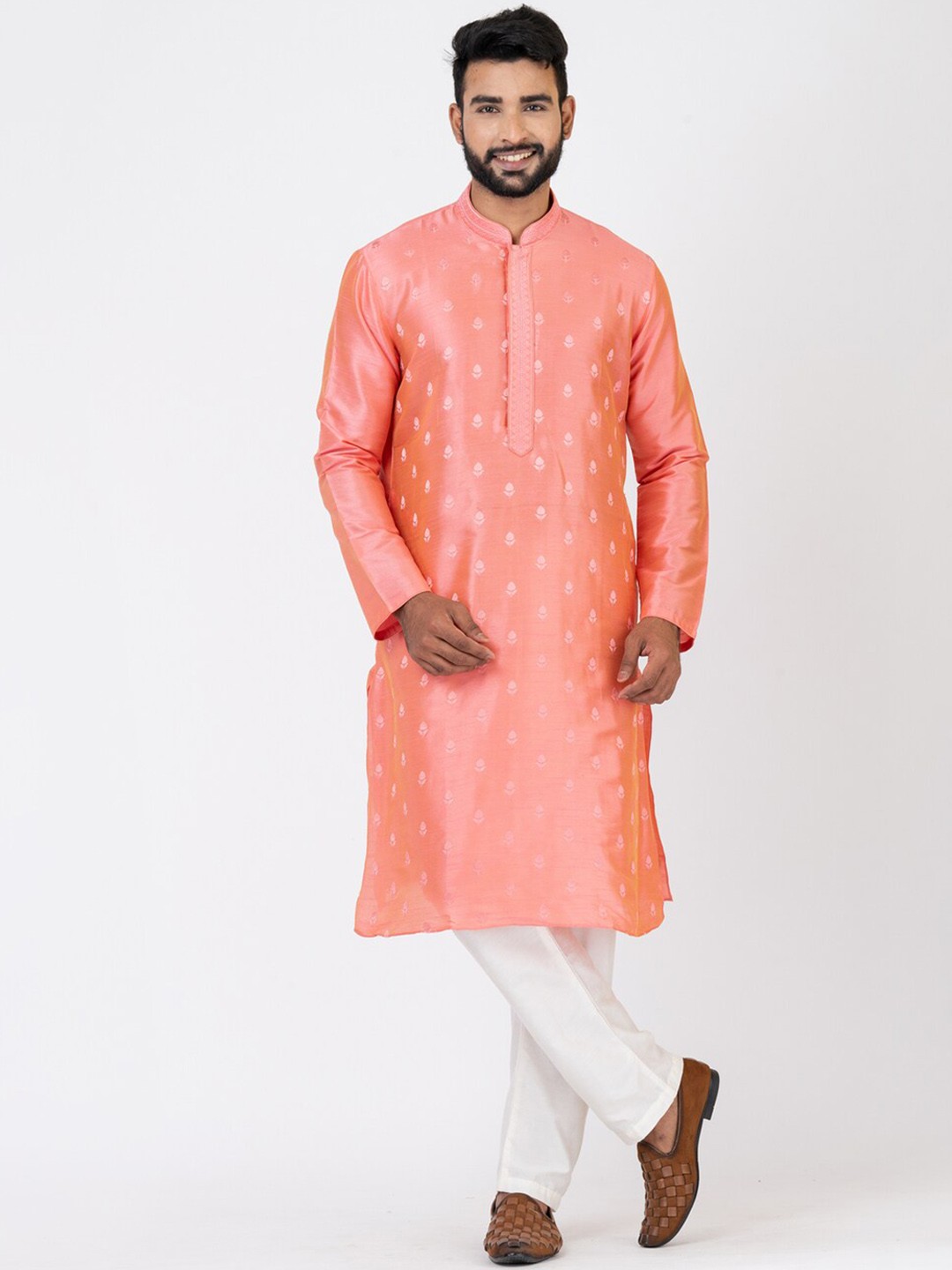

HU - Handcrafted Uniquely Ethnic Motifs Woven Design Mandarin Collar Straight Kurta, Pink