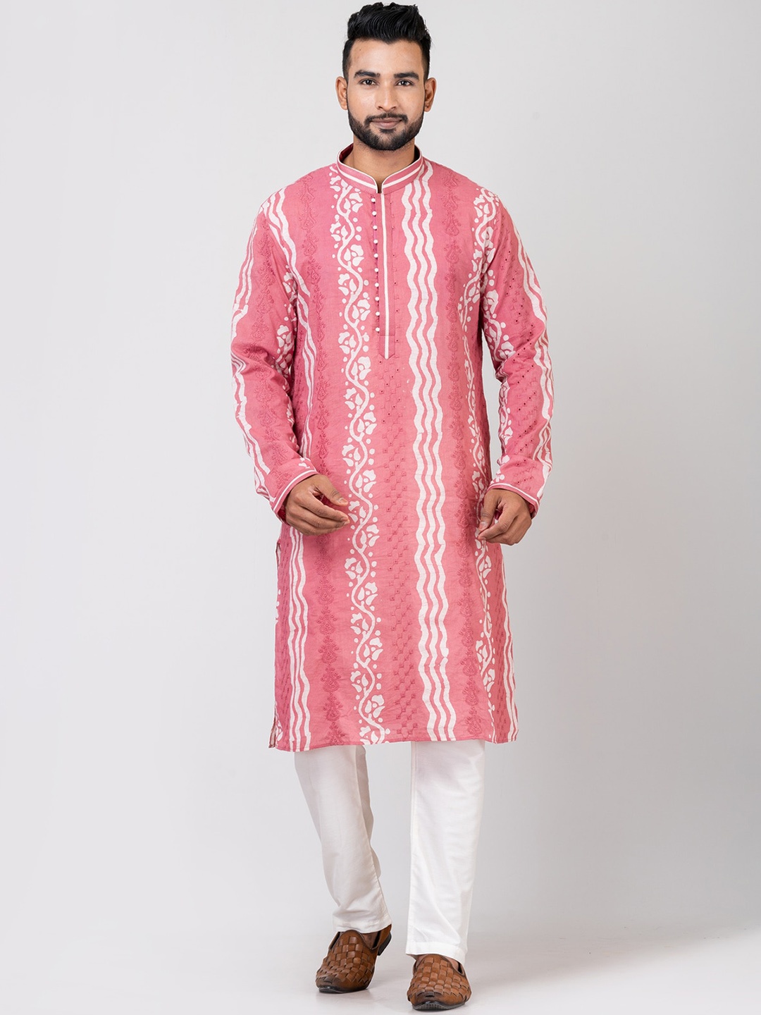 

HU - Handcrafted Uniquely Ethnic Motifs Printed Mandarin Collar Kurta, Pink