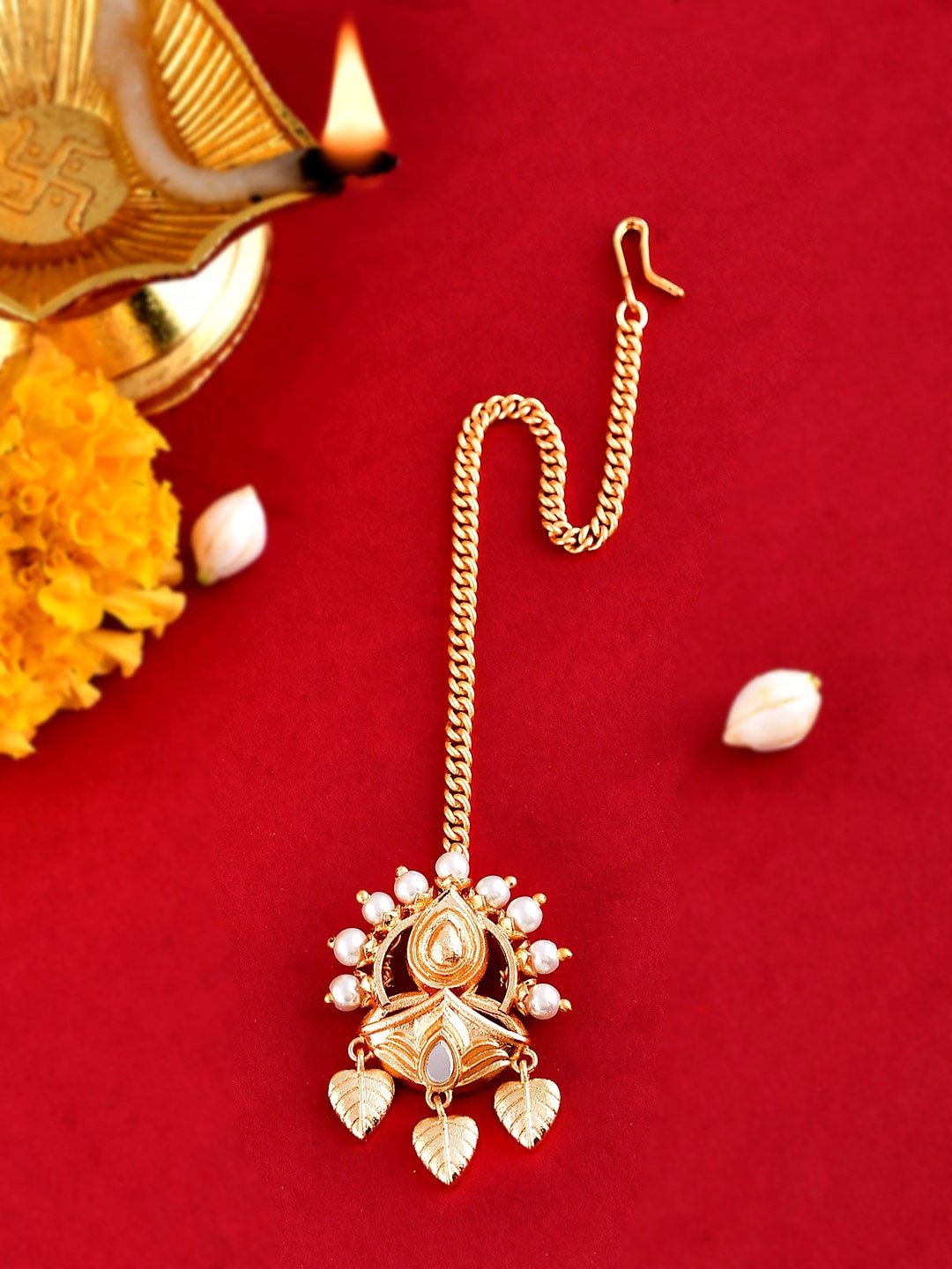 

Voylla Gold-Plated Stone-Studded & Pearl Beaded Maang Tikka