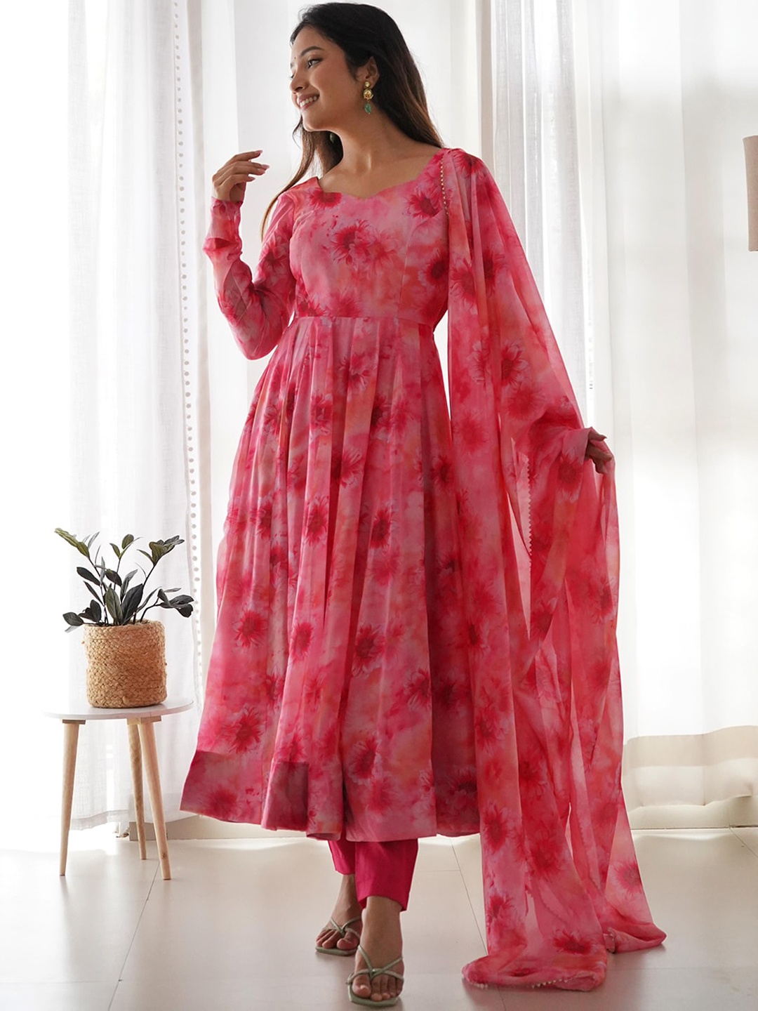 

Fusionic Floral Printed V-Neck Anarkali Silk Kurta With Trousers & Dupatta, Pink
