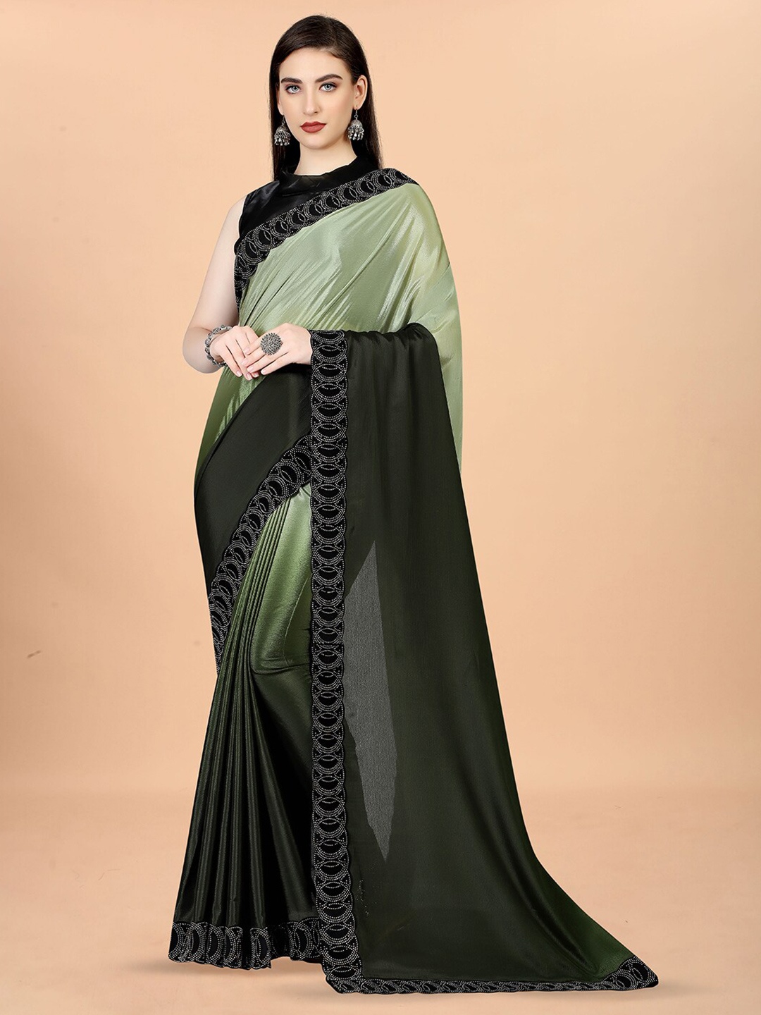 

KALINI Ombre Beads and Stones Embellished Satin Saree, Green