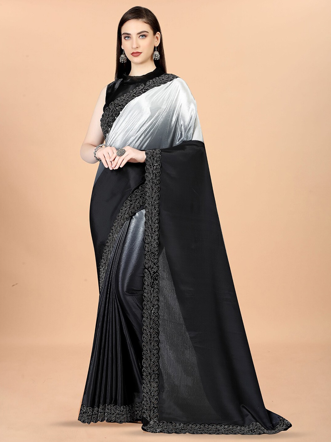 

KALINI Ombre Printed Beads and Stones Saree, Black