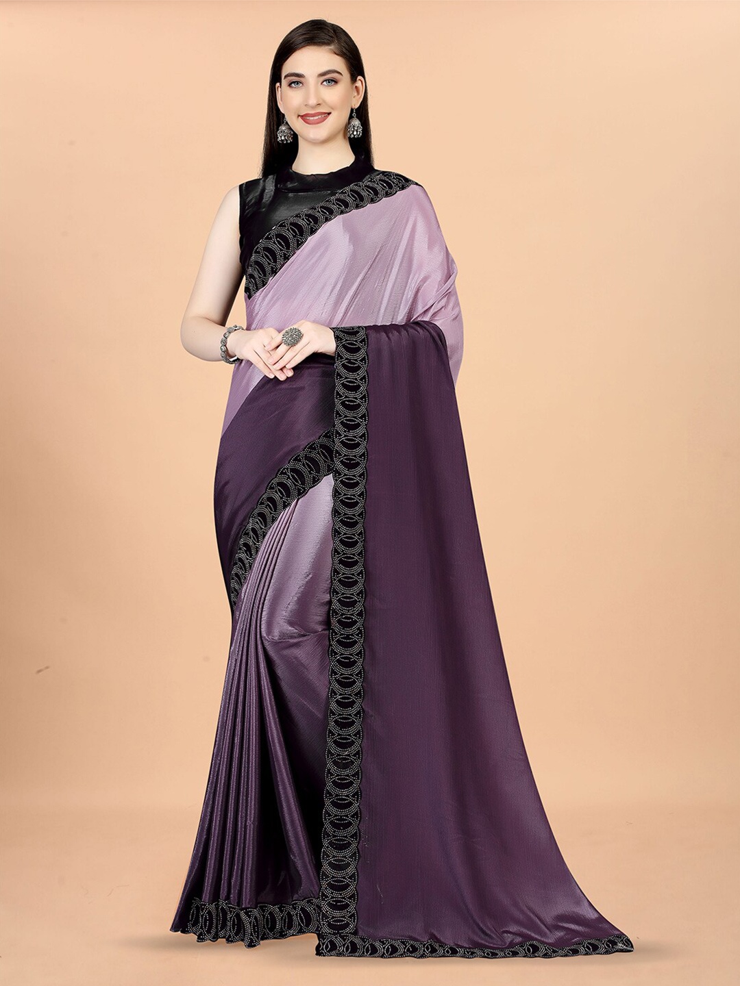 

KALINI Ombre Beads and Stones Satin Saree, Purple