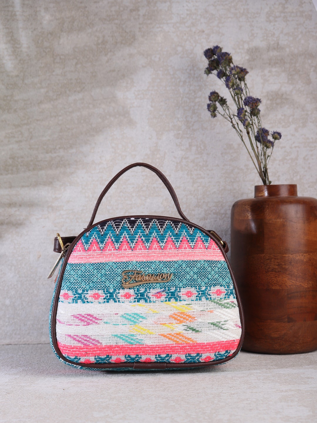 

LIKAA Geometric Printed Structured Sling Bag, Pink