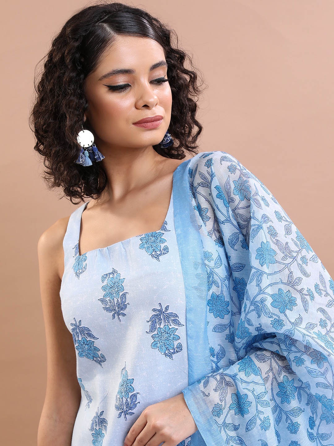 

Vishudh Blue Floral Printed Top With Sharara & Dupatta