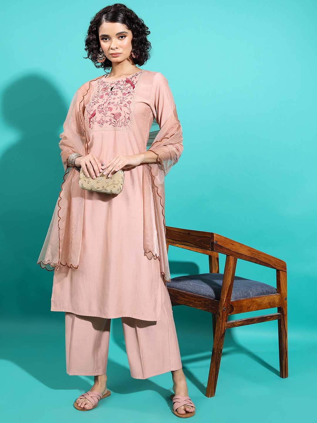 

Vishudh Floral Yoke Design Keyhole Neck Straight Kurta with Palazzos & With Dupatta, Taupe