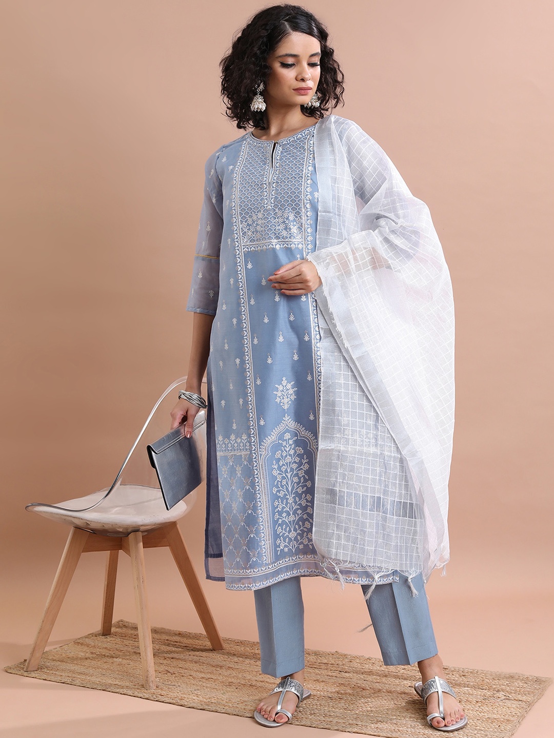 

Vishudh Ethnic Motifs Embroidered Keyhole Neck Pure Cotton Kurta & Trousers With Dupatta, White