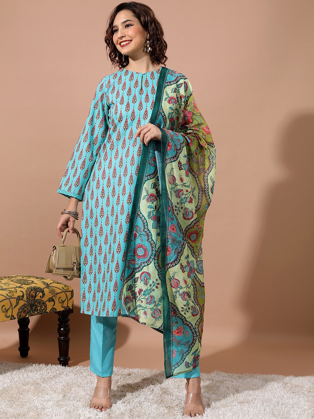 

Vishudh Ethnic Motifs Printed Keyhole Neck Straight Kurta & Trousers With Dupatta, Turquoise blue