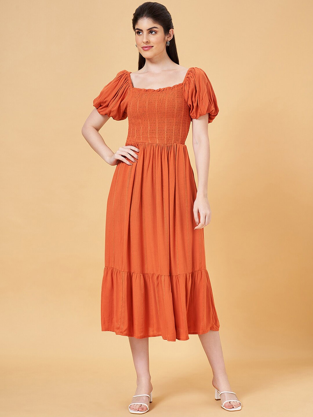 

Honey by Pantaloons Square Neck Puff Sleeve Smocked Tiered Fit & Flare Midi Dress, Orange