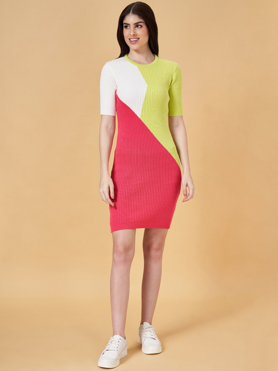 

People White & Green Colourblocked Sheath Dress