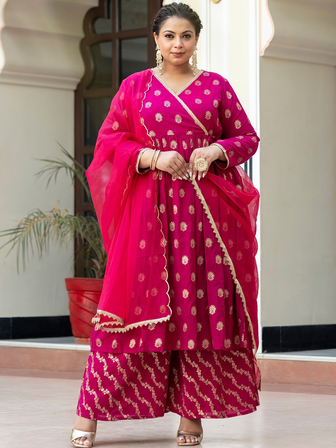 

Janasya Women's Pink Brocade Woven Design Kurta with Palazzo and Dupatta