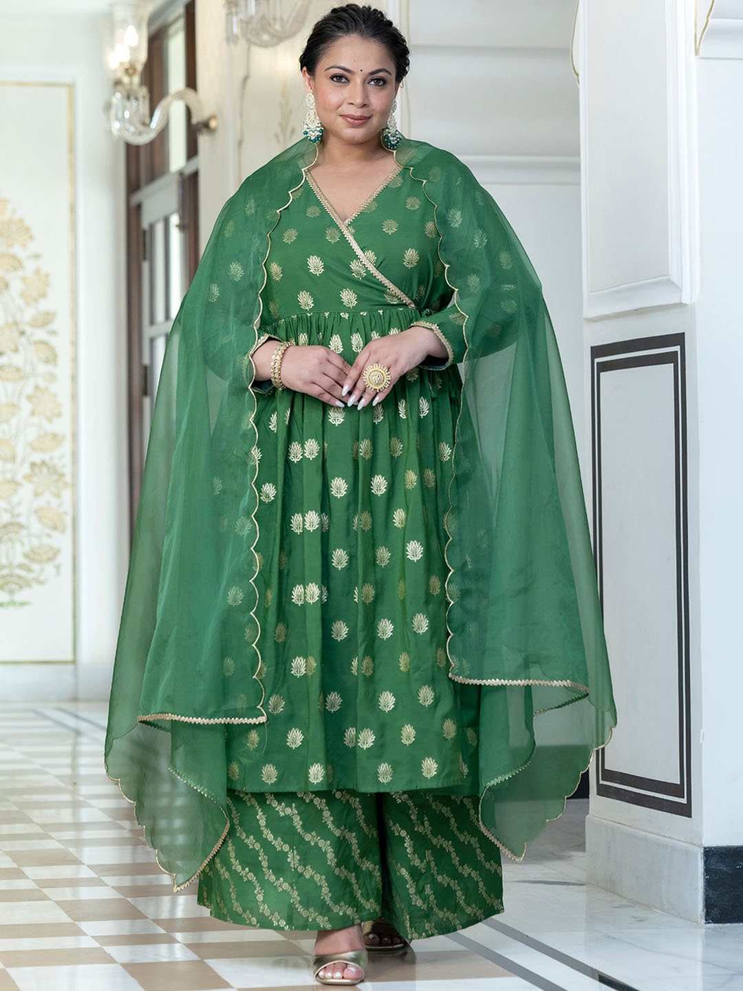 

Janasya Plus Size Ethnic Woven Design Gotta Patti Angrakha Kurta Set & Dupatta, Green