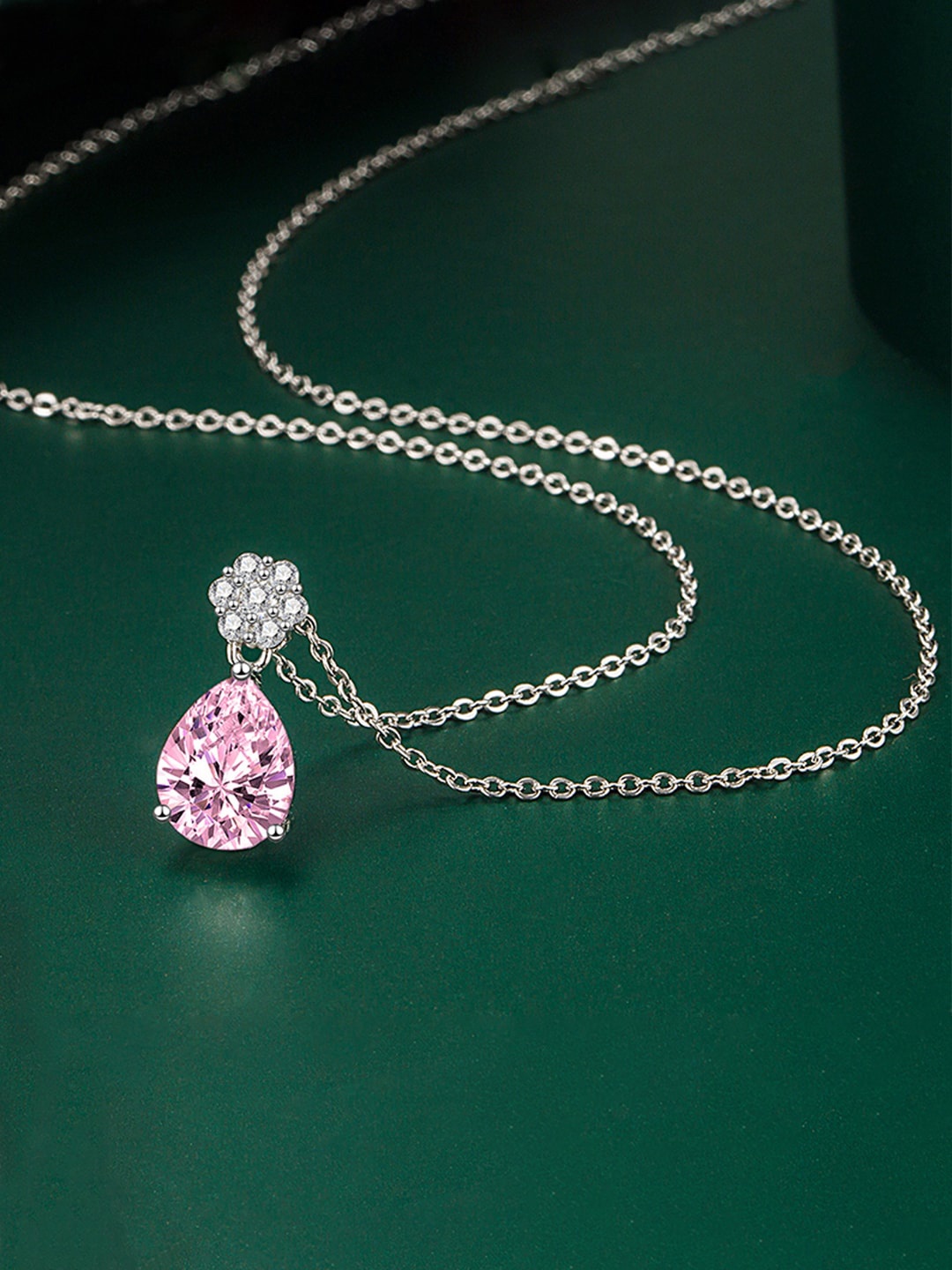 

Designs & You Silver-Plated Cubic Zirconia Studded Teardrop Shaped Pendant With Chain