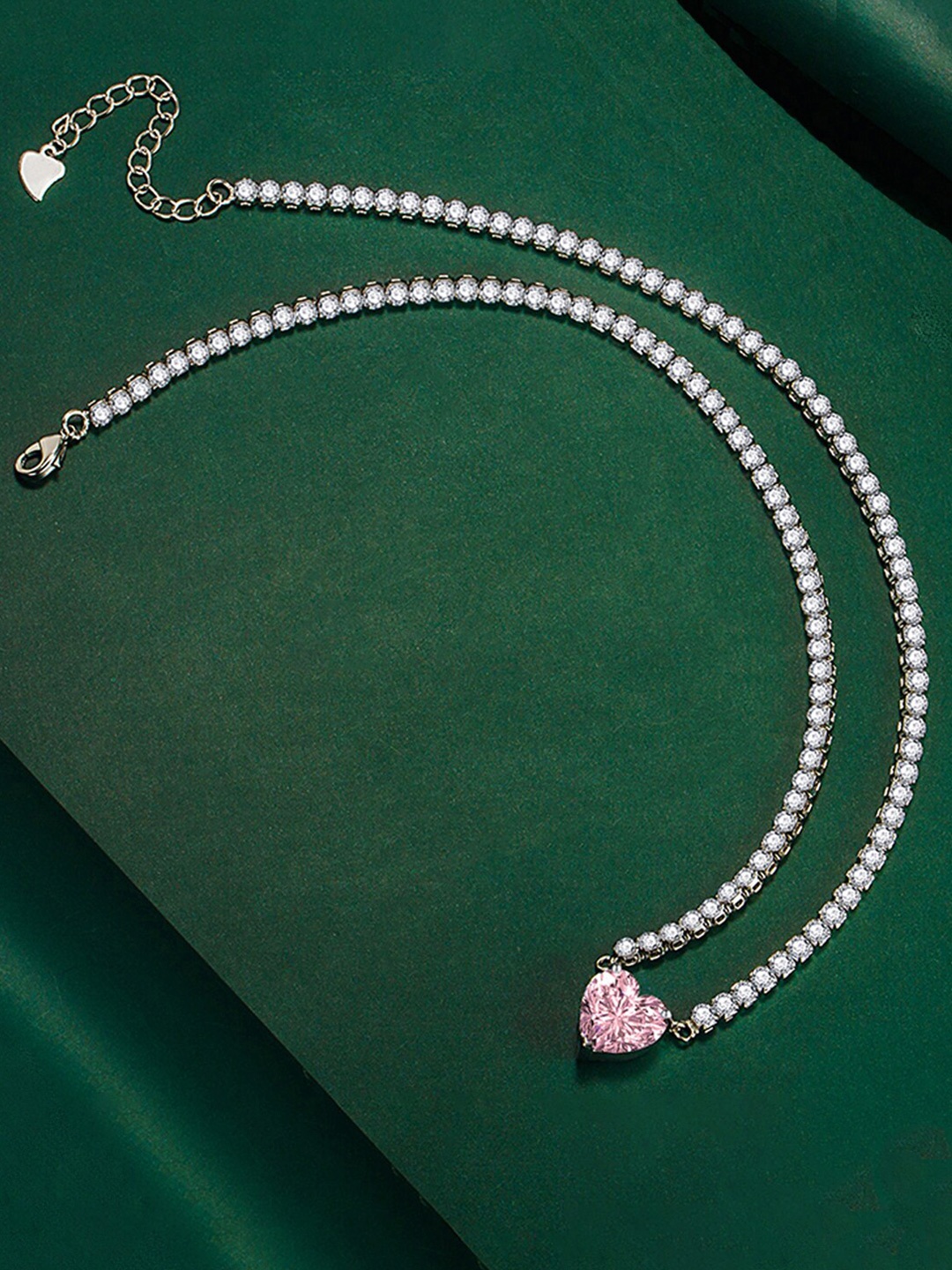 

Designs & You Silver-Plated Cubic Zirconia Studded Heart Shape Charm Chain