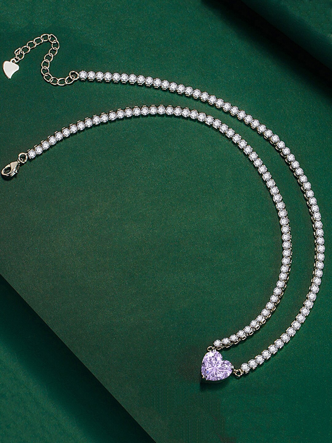 

Designs & You Silver-Plated Cubic Zirconia Studded Heart Shape Charm Chain