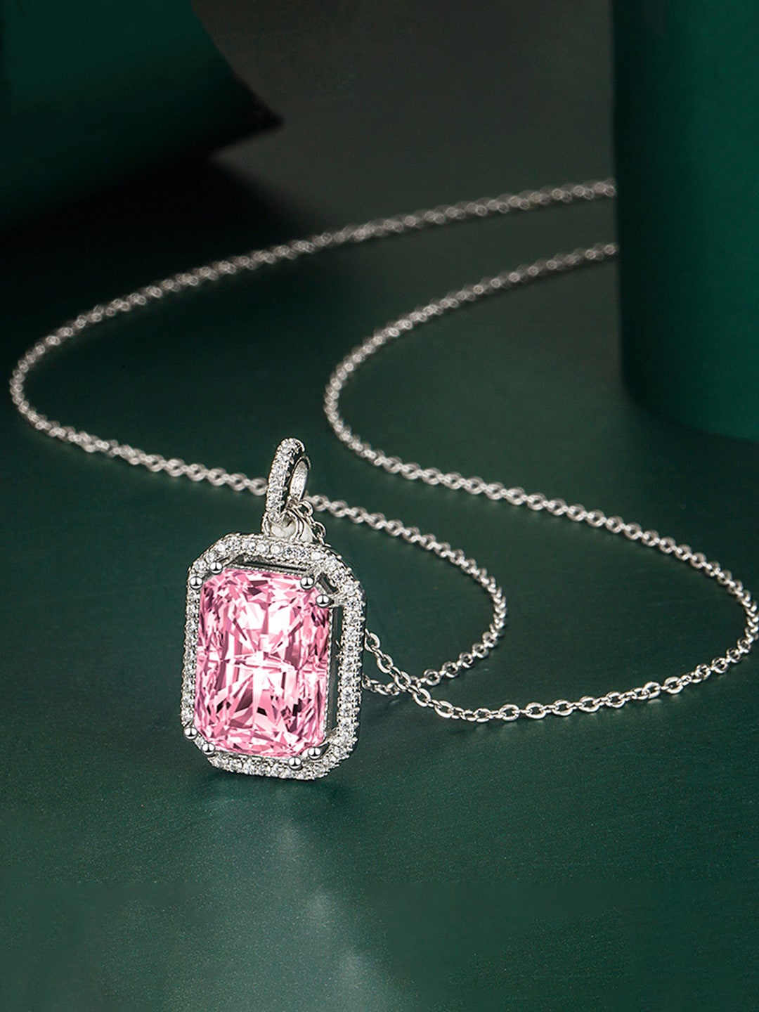 

Designs & You Silver-Plated CZ-Studded Rectangular Pendant With Chain