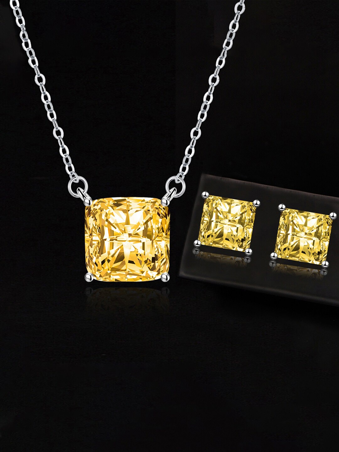 

Designs & You Silver Plated Cubic Zirconia Studded Square Shape Necklace & Earrings Set