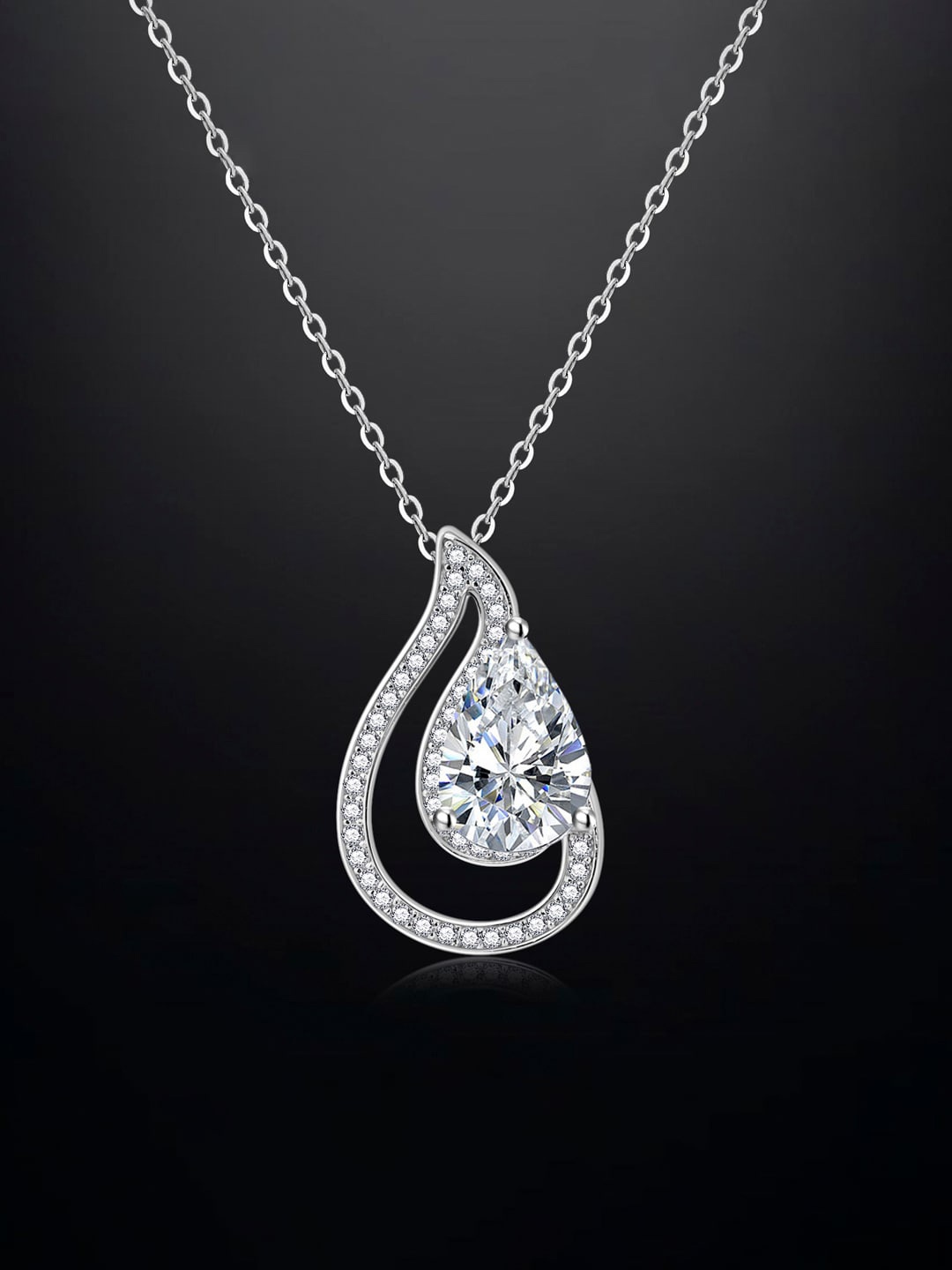 

Designs & You Silver-Plated CZ-Studded Teardrop Shaped Pendant With Chain