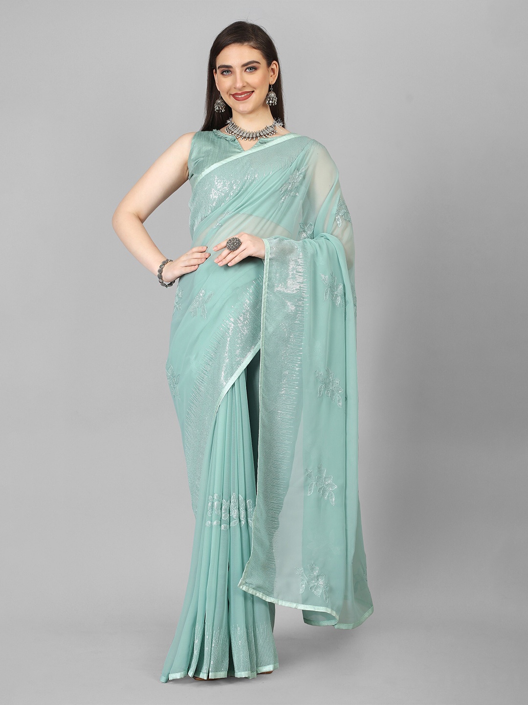 

JSItaliya Embellished Sequinned Pure Georgette Saree, Green