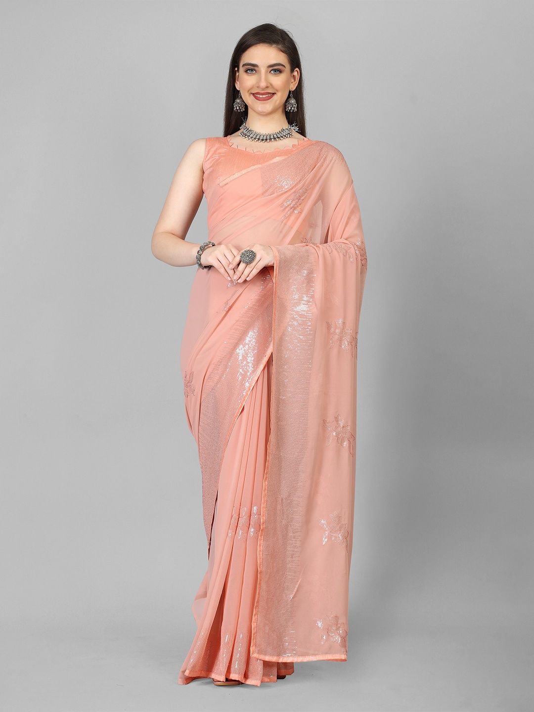 

JSItaliya Embellished Sequinned Pure Georgette Saree, Peach