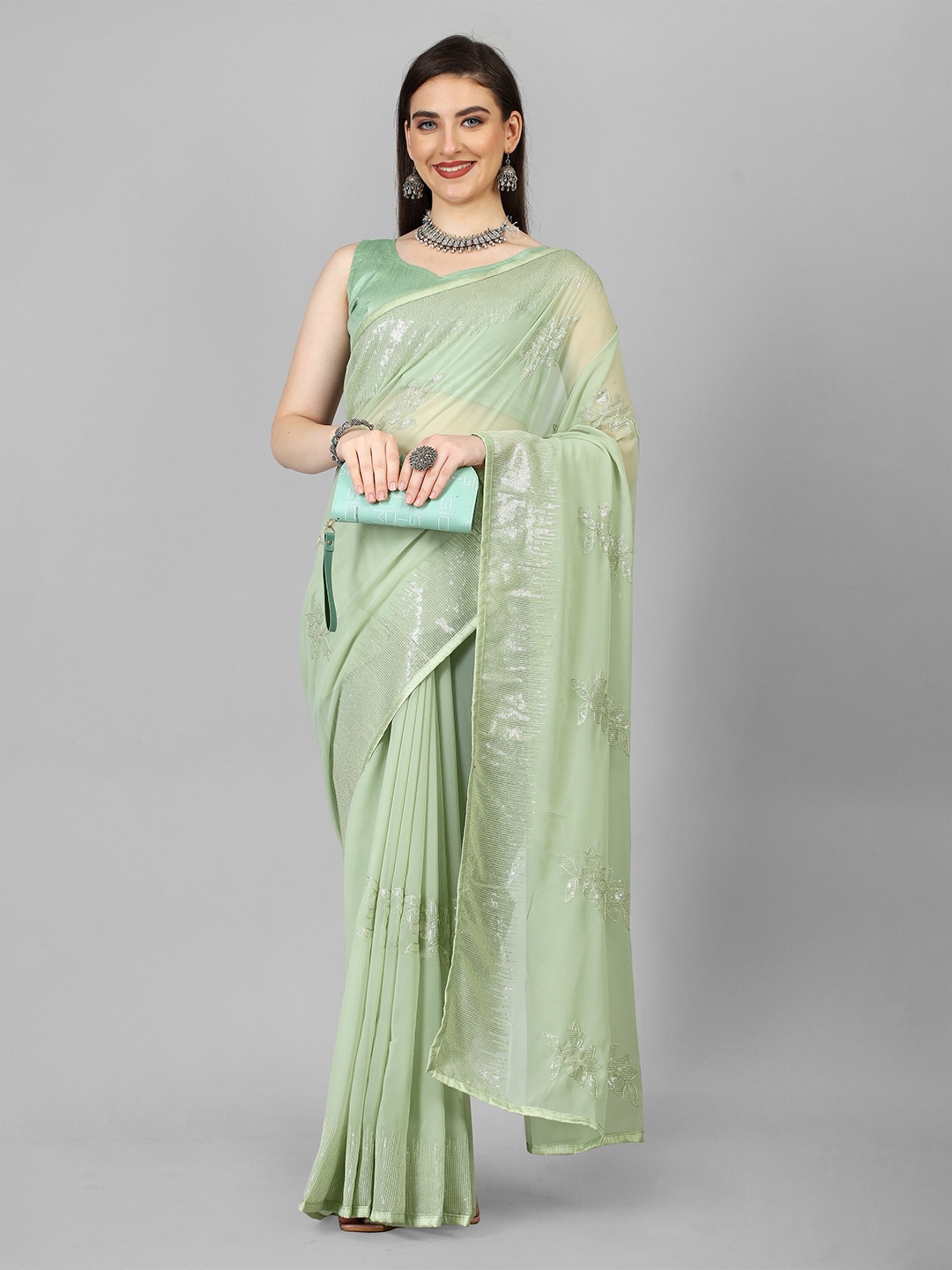 

JSItaliya Embellished Sequinned Pure Georgette Saree, Green