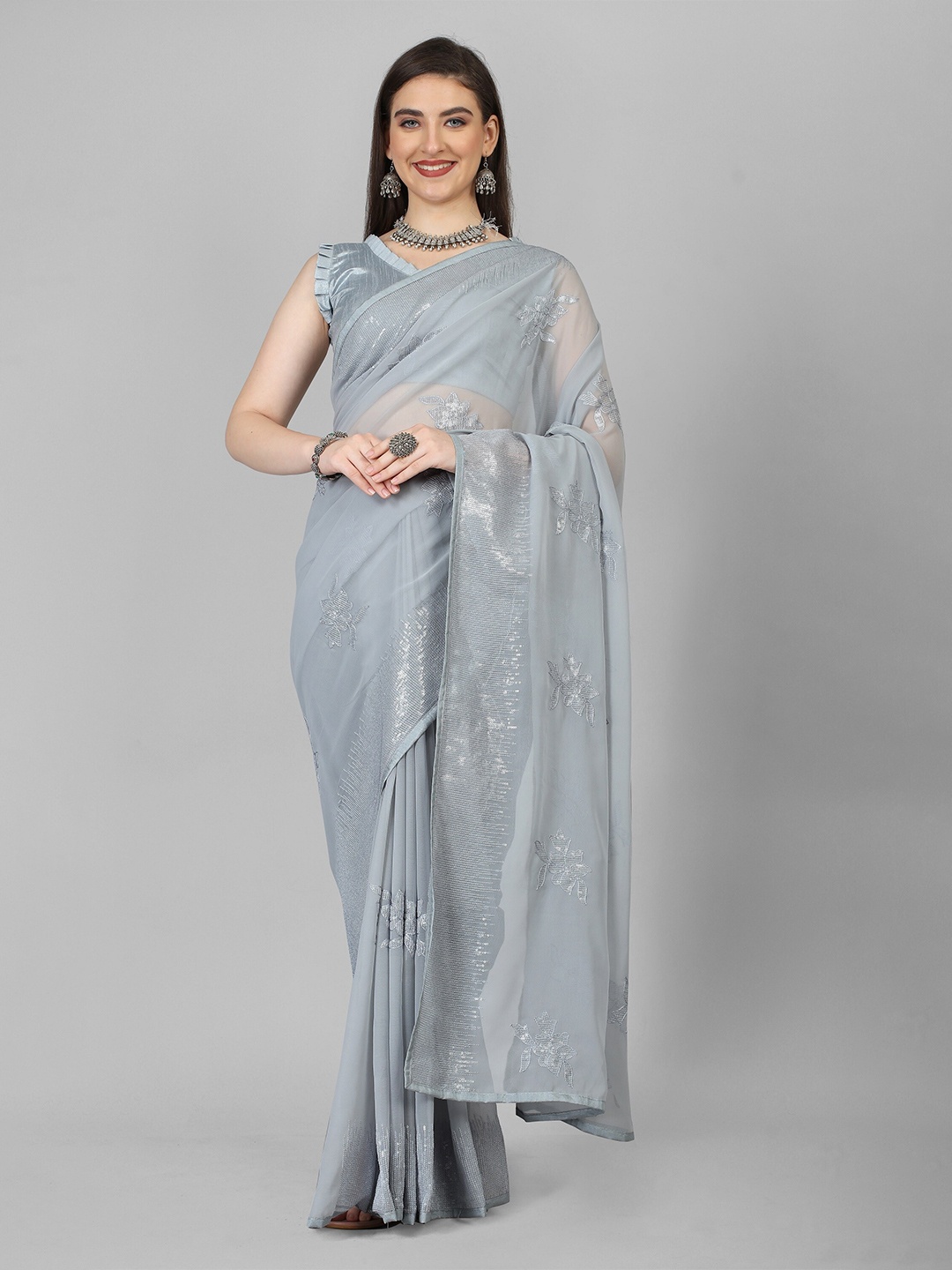 

JSItaliya Embellished Sequinned Pure Georgette Saree, Grey