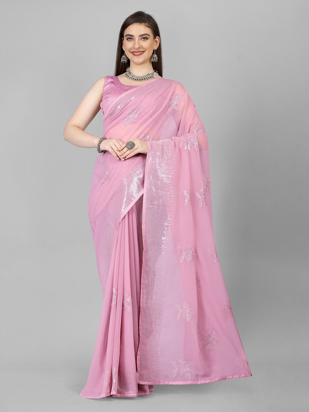 

JSItaliya Embellished Sequinned Pure Georgette Saree, Pink