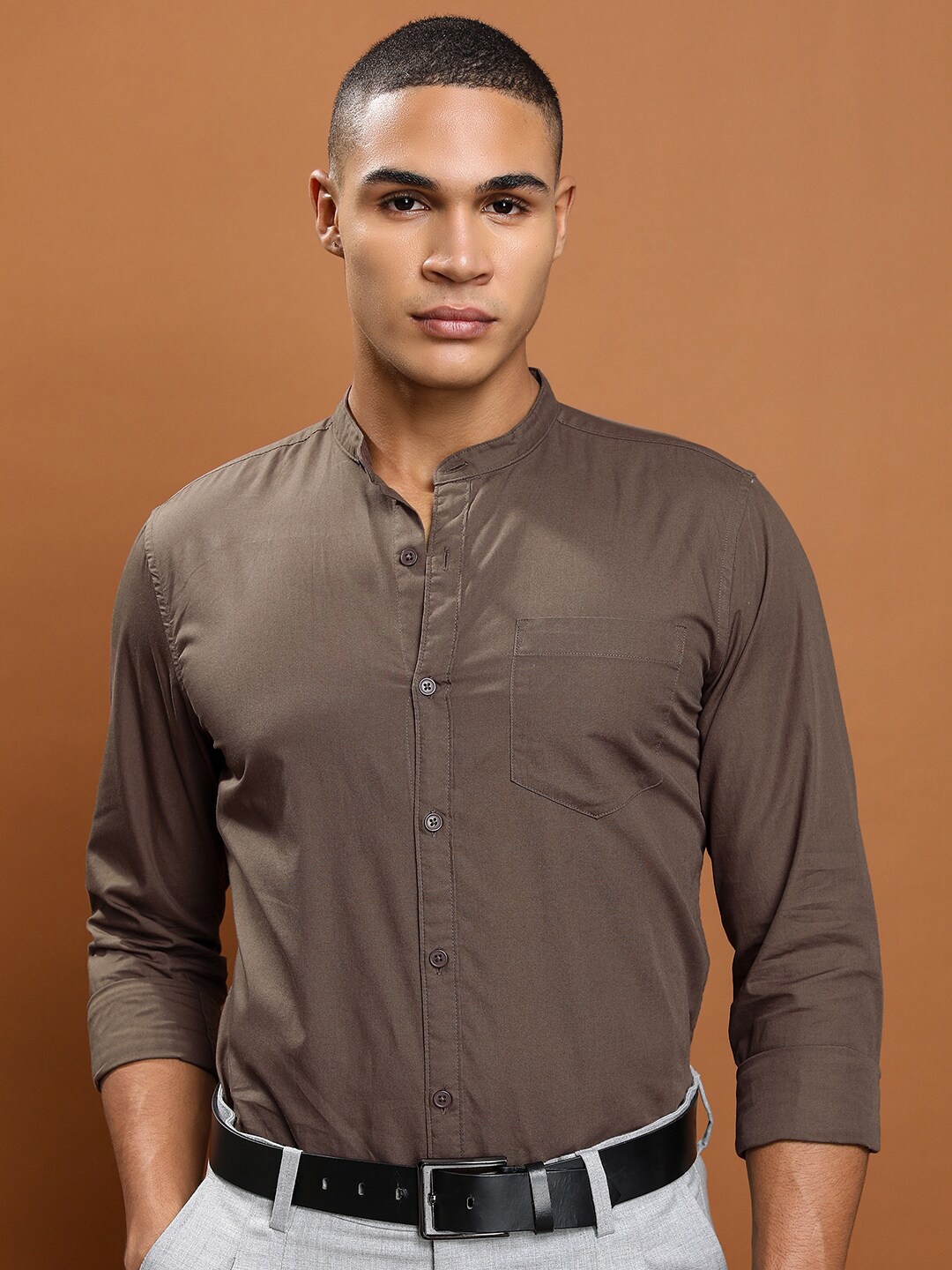 

HIGHLANDER Slim Fit Mandarin Collar Cotton Casual Shirt, Brown