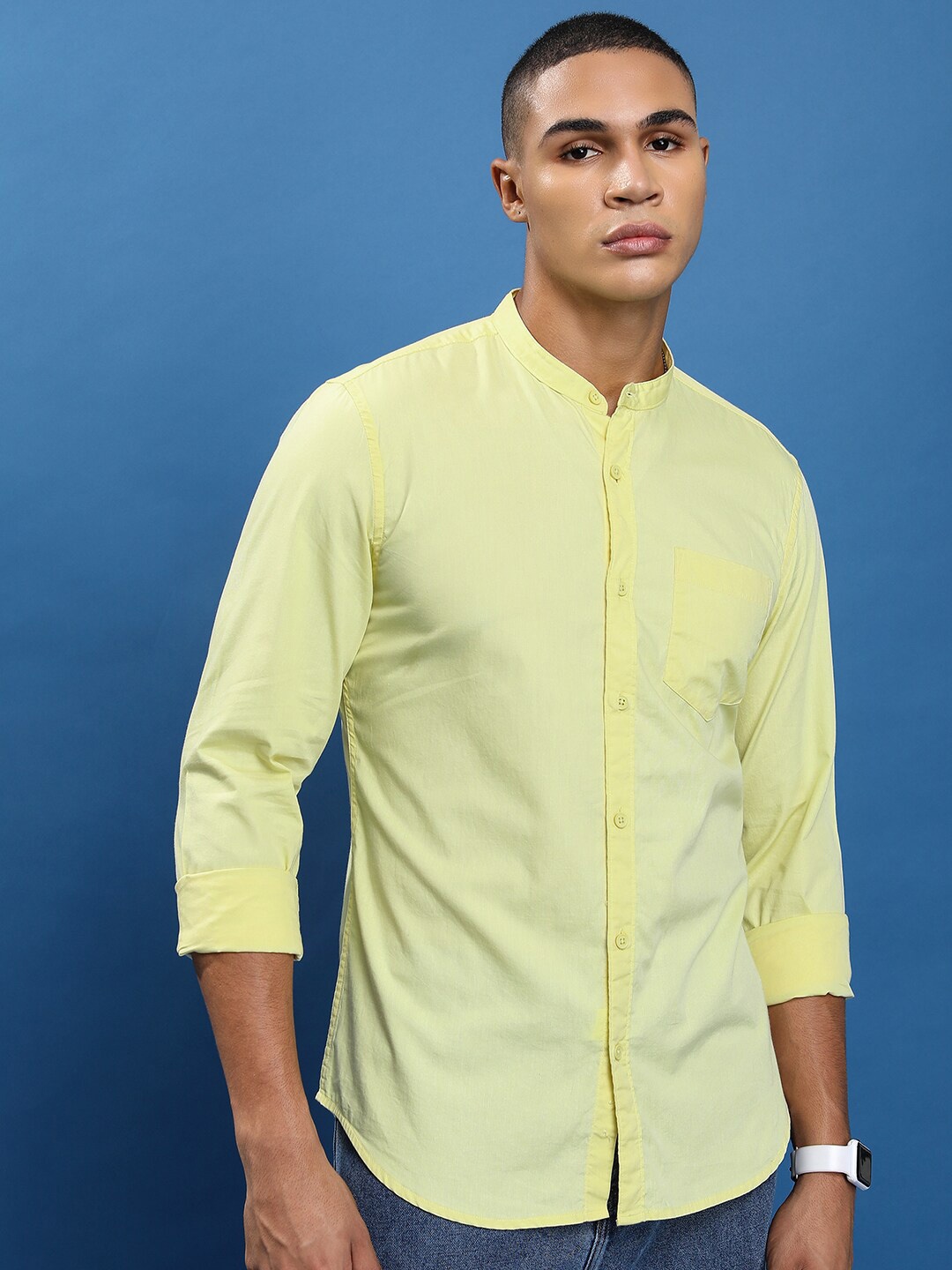 

HIGHLANDER Yellow Slim Fit Band Collar Cotton Casual Shirt