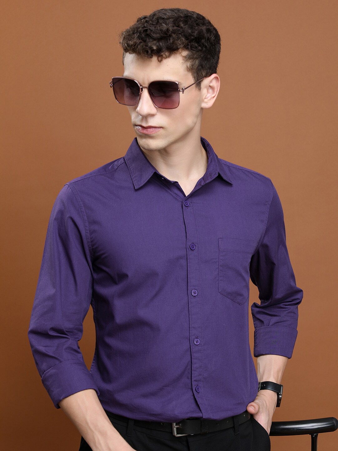 

HIGHLANDER Slim Fit Spread Collar Cotton Casual Shirt, Purple