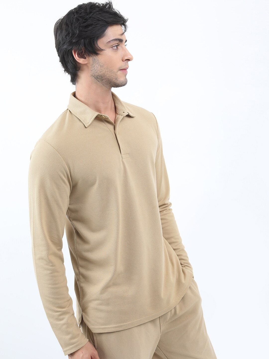 

HIGHLANDER Self Design Polo Collar Popcorn Structured T-shirt, Cream