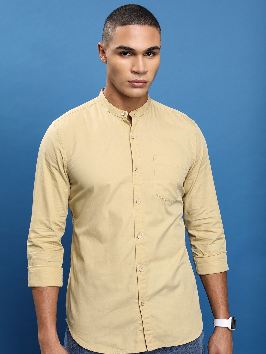 

HIGHLANDER Beige Slim Fit Band Collar Cotton Casual Shirt