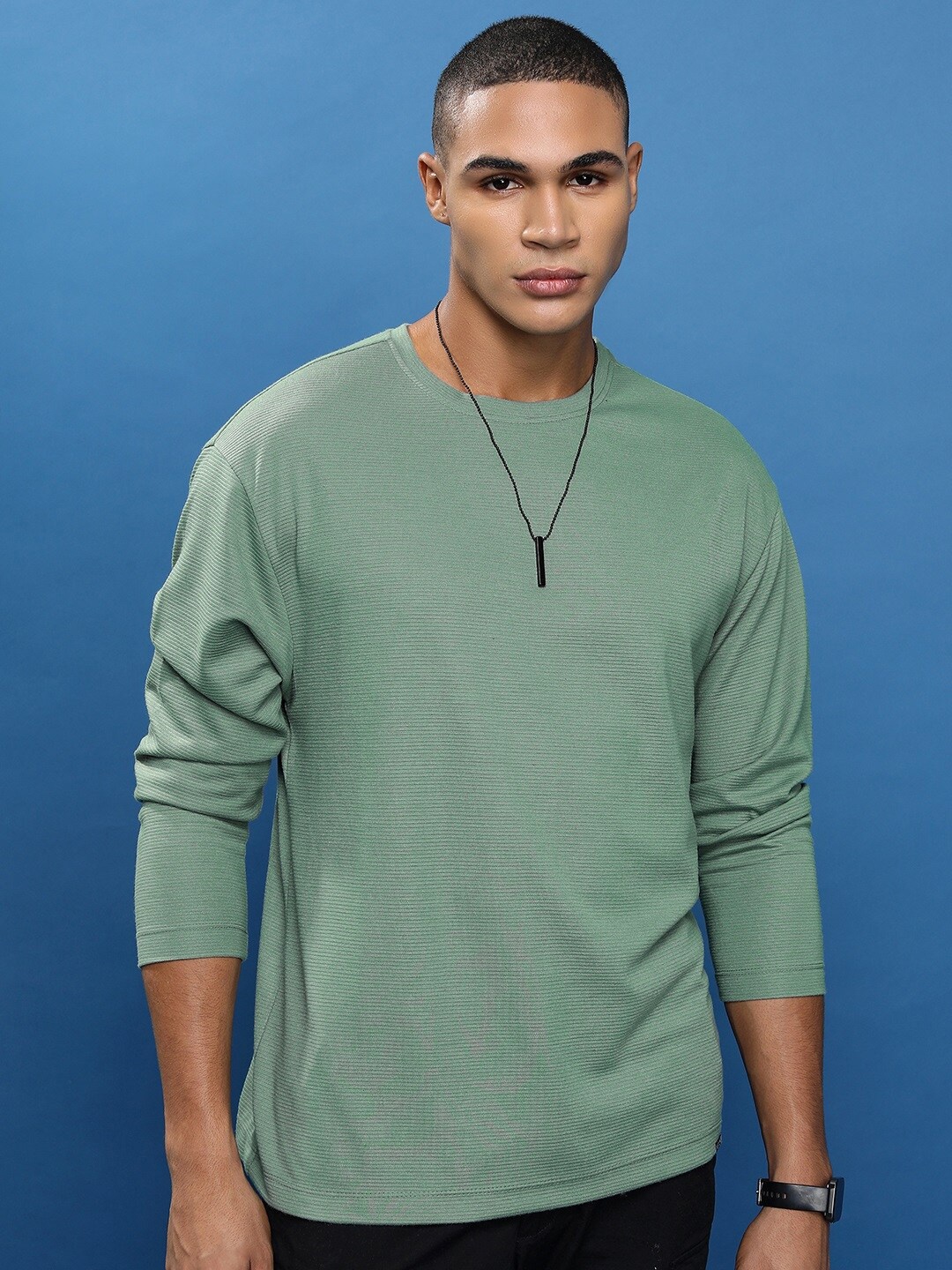 

KETCH Drop Shoulder Sleeves Popcorn Structured T-shirt, Olive