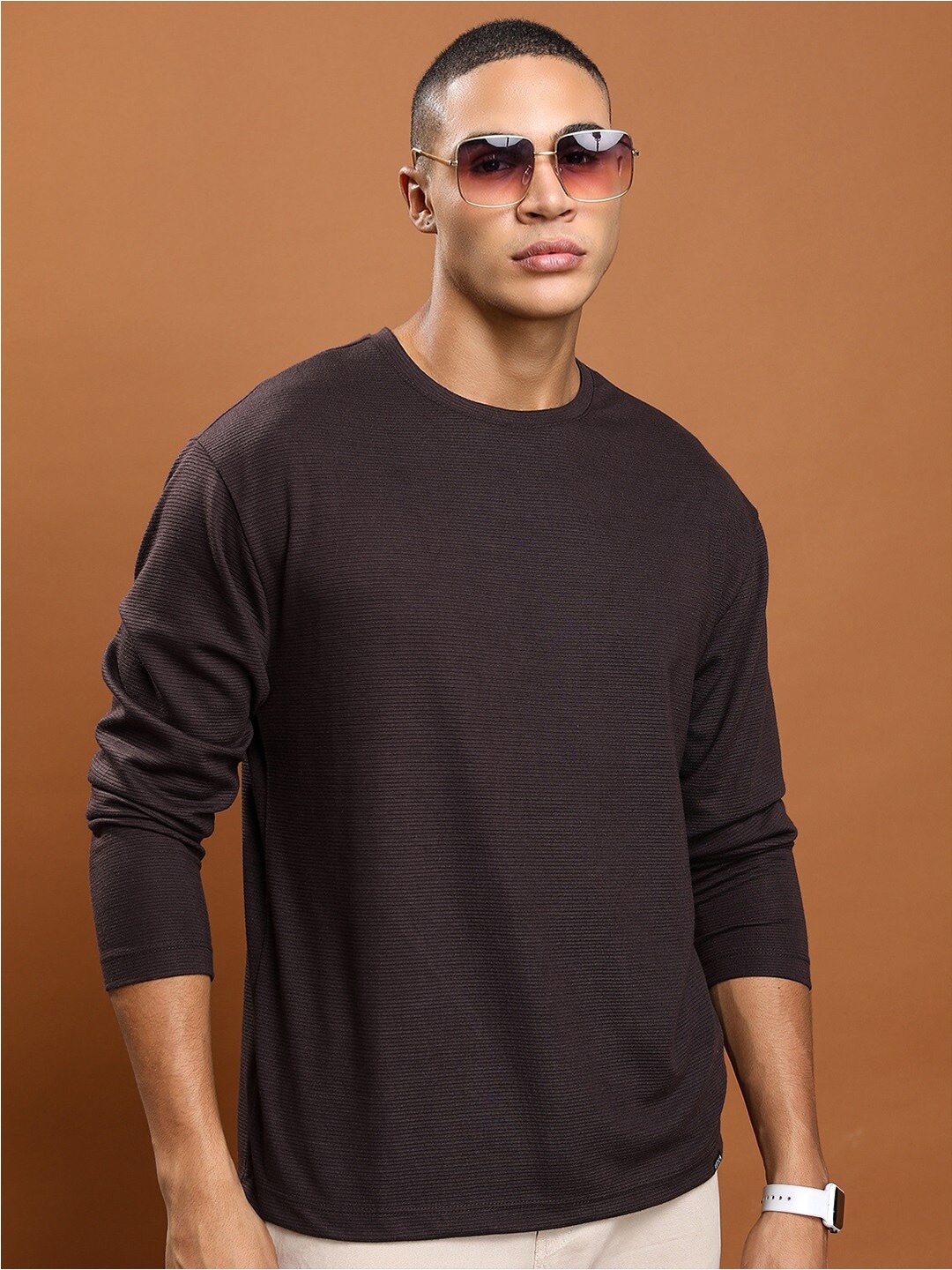 

KETCH Round Neck Long Sleeves Oversized Popcorn Structured T-shirt, Brown