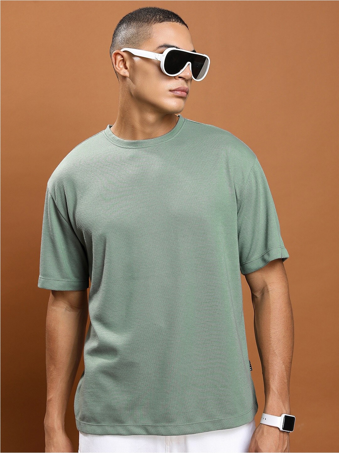 

KETCH Round Neck Drop Shoulder Sleeves Oversized Popcorn Structured T-shirt, Olive