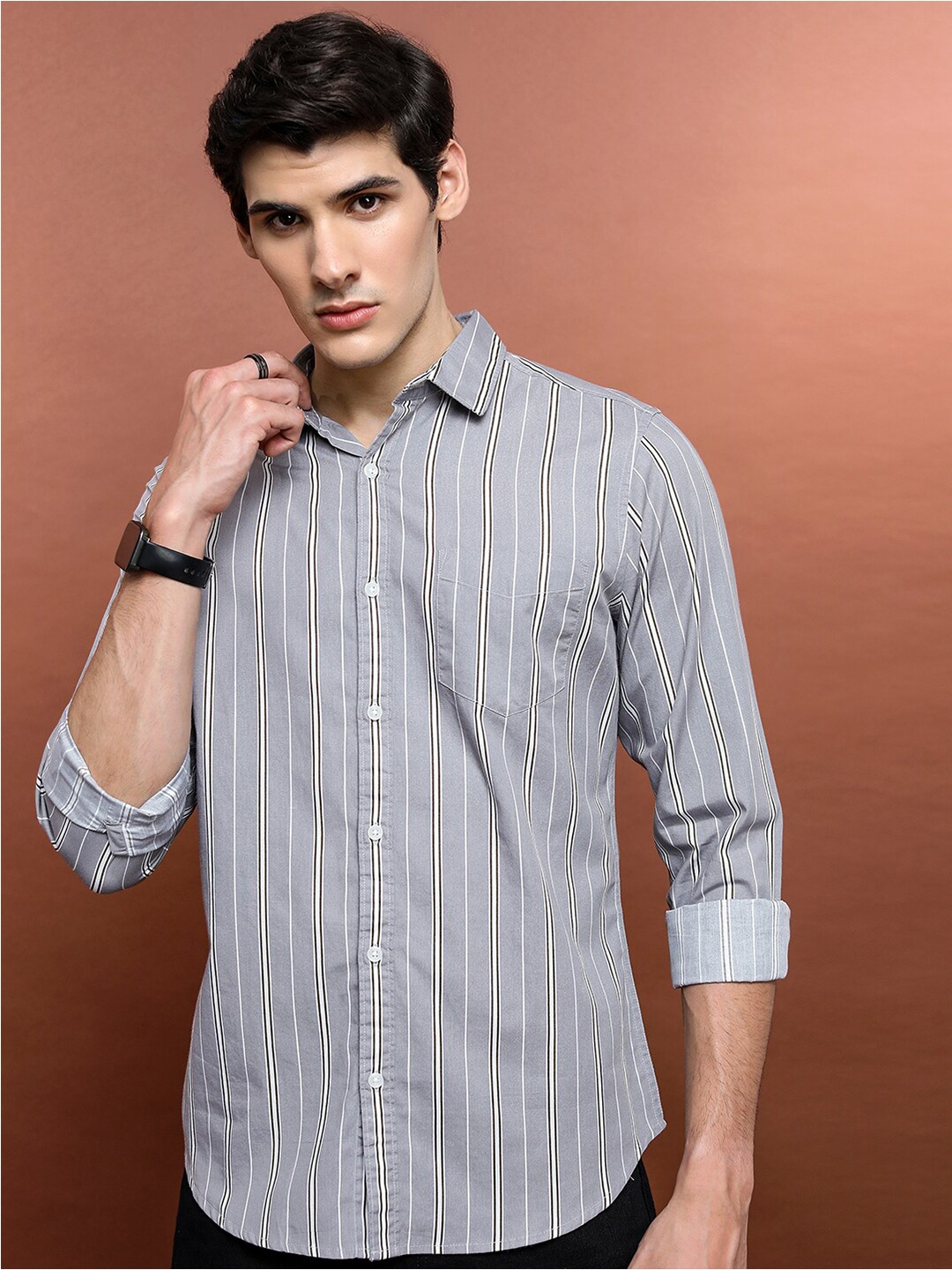 

KETCH Slim Fit Horizontal Striped Casual Shirt, Grey