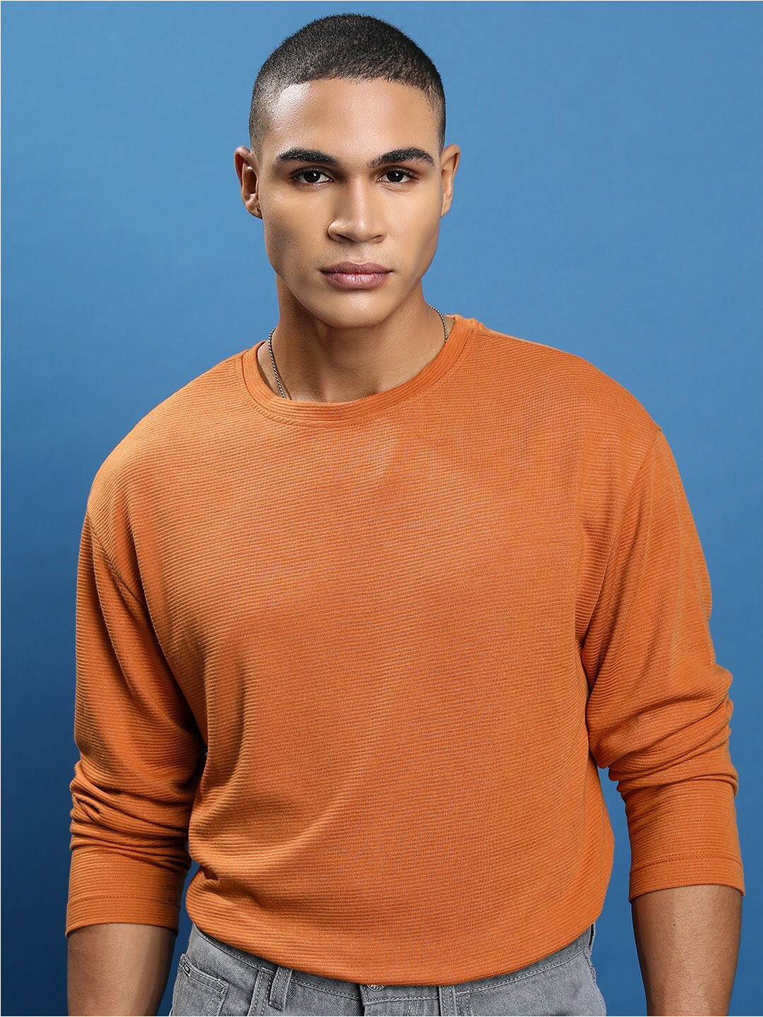 

KETCH Round Neck Long Sleeves Oversized Popcorn Structured T-Shirt, Rust