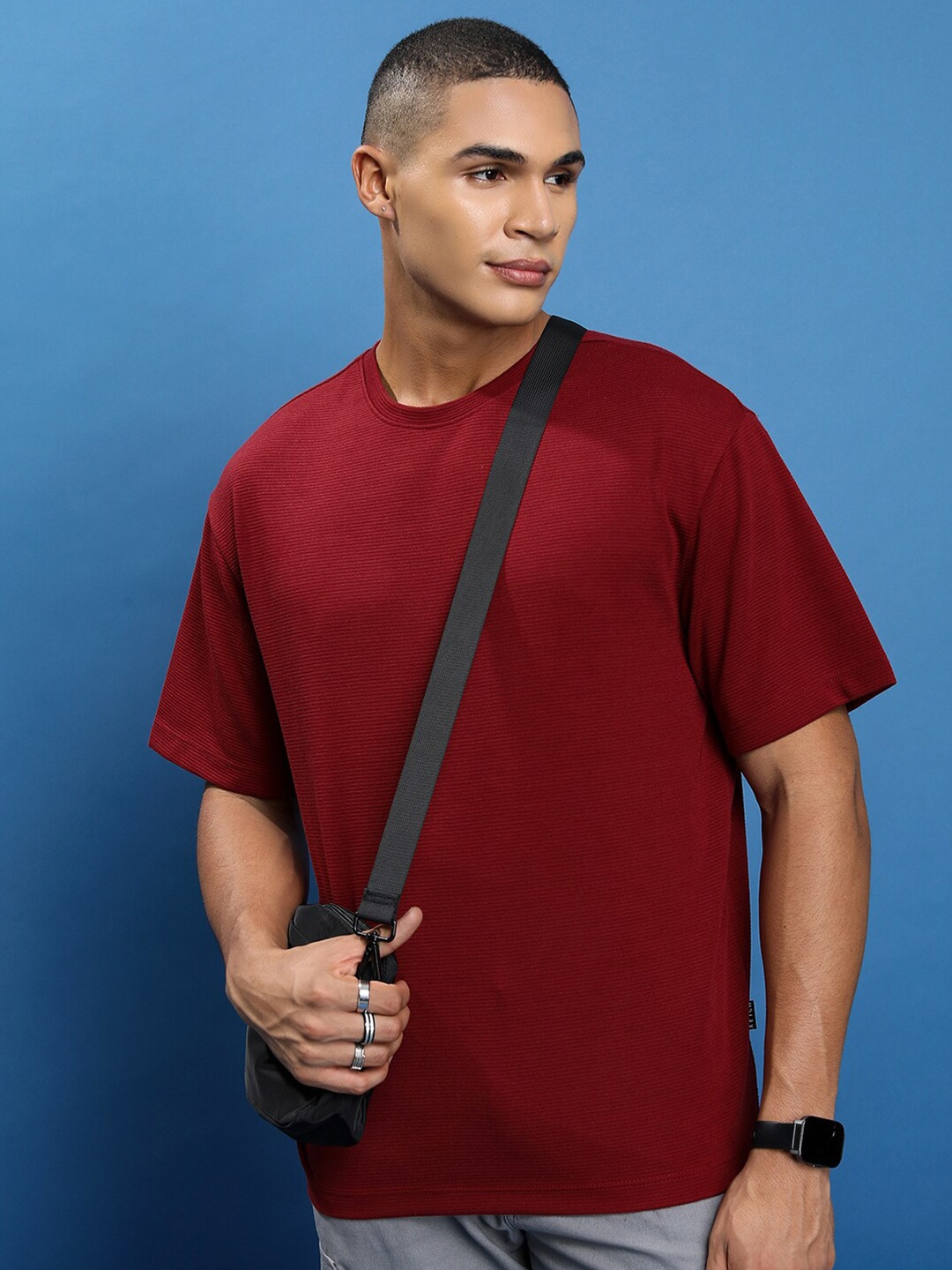 

KETCH Oversized Drop Shoulder Sleeves Casual Popcorn structured T-shirt, Red