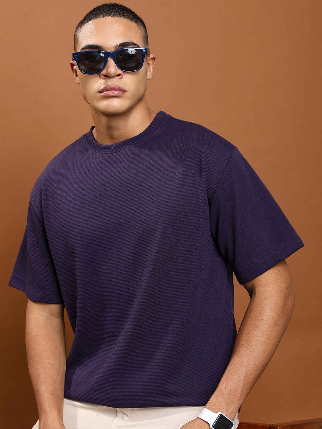 

KETCH Oversized Drop Shoulder Sleeves Casual Popcorn Structured T-Shirt, Purple