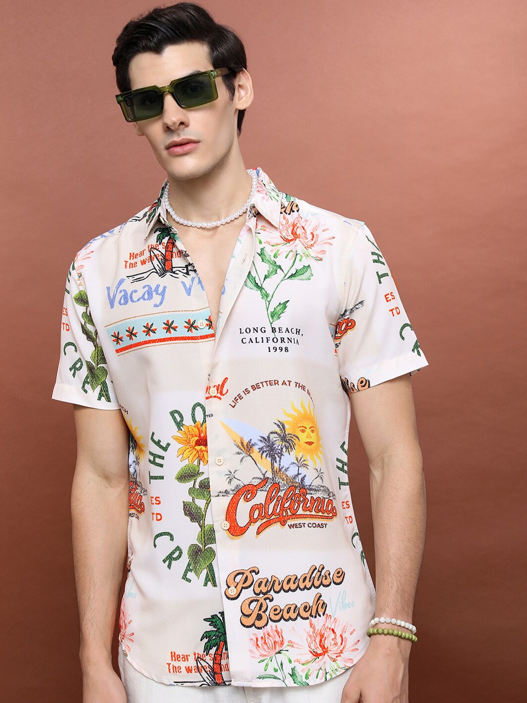 

KETCH Slim Fit Floral Printed Short Sleeves Casual Shirt, Beige