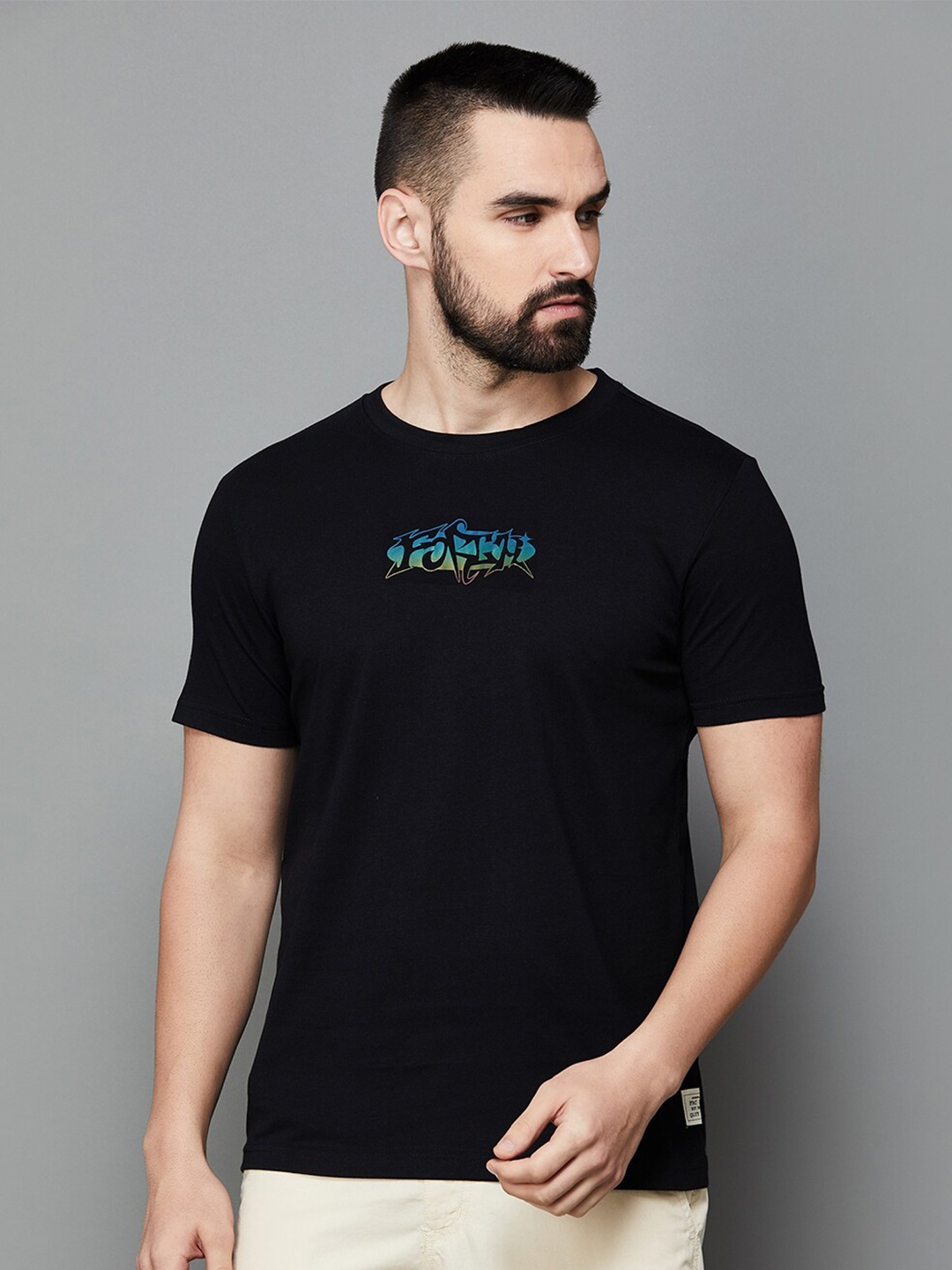 

Forca by Lifestyle Typography Printed Slim Fit Cotton T-shirt, Black