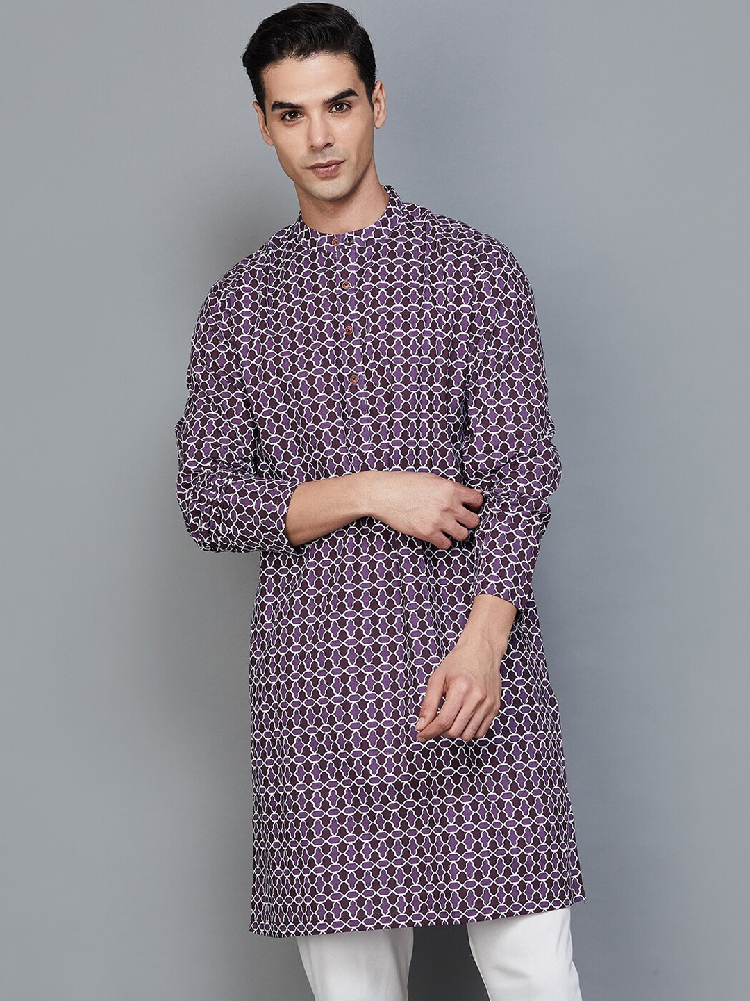 

Melange by Lifestyle Geometric Printed Mandarin Collar Straight Kurta, Purple
