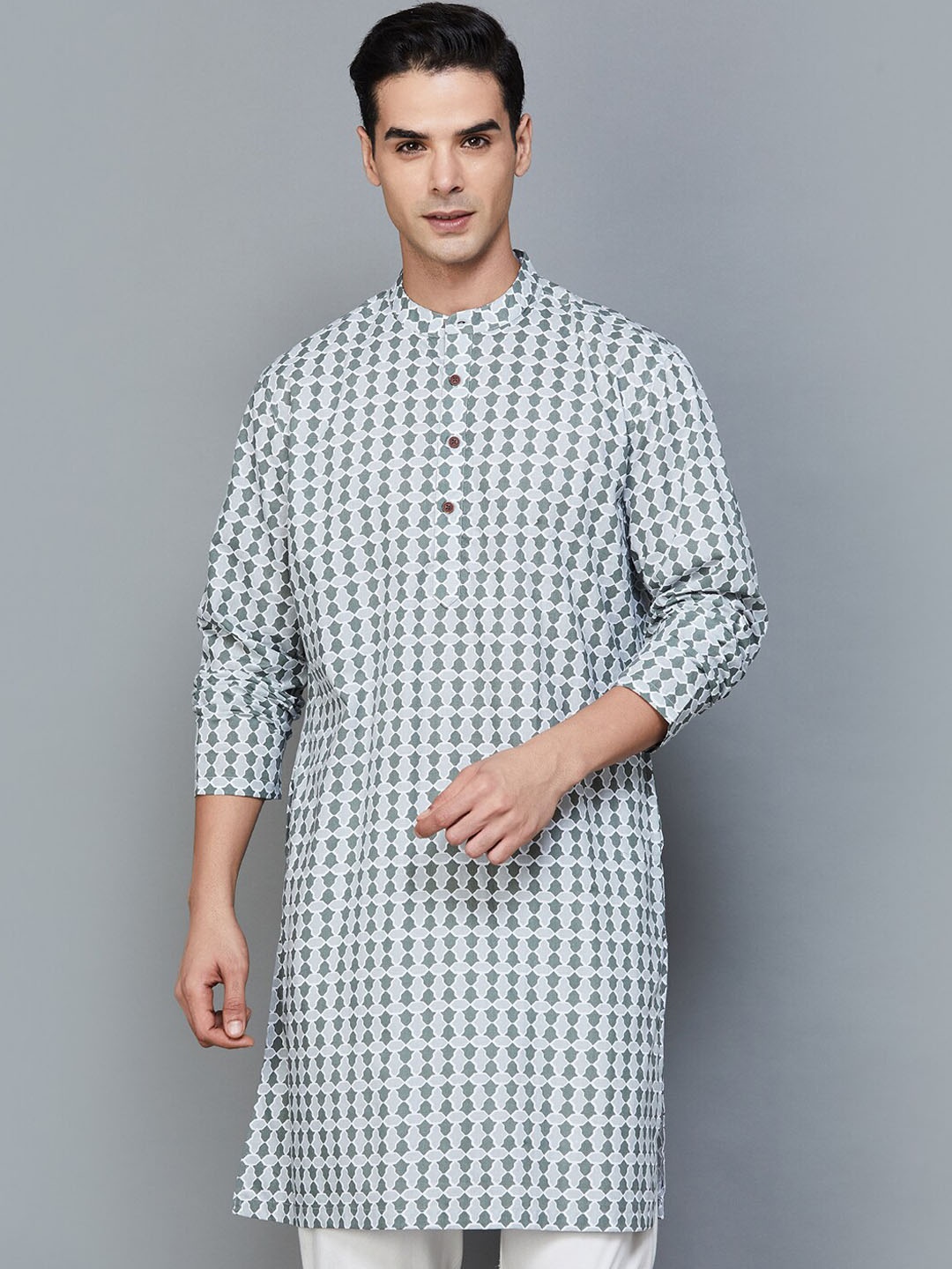 

Melange by Lifestyle Geometric Printed Mandarin Collar Straight Kurta, Grey