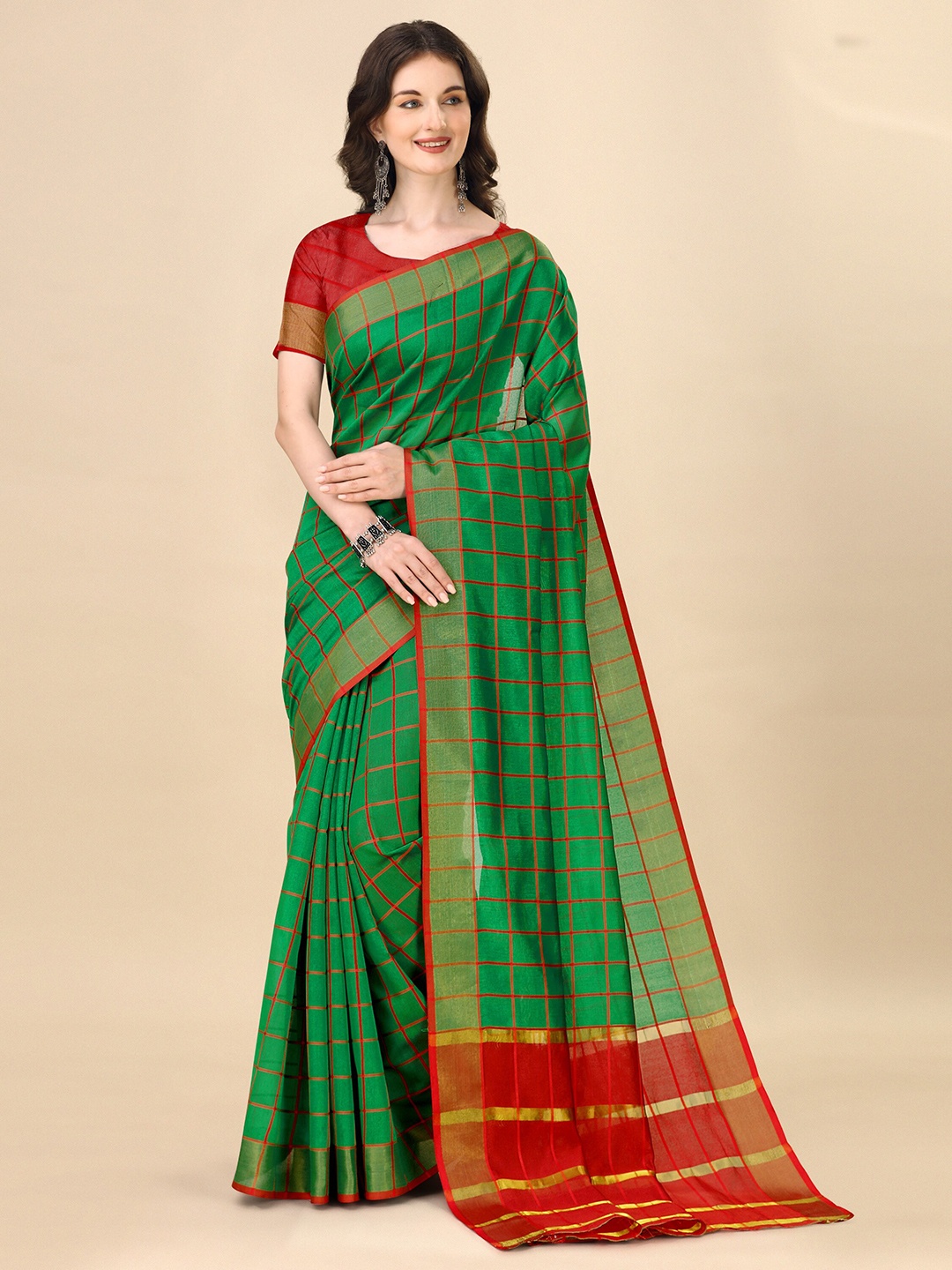 

Indian Fashionista Checked Zari Silk Cotton Ikat Saree, Green