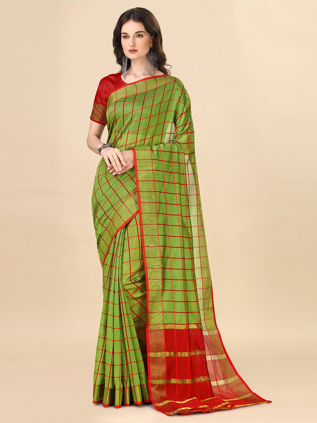 

Indian Fashionista Checked Zari Silk Cotton Ikat Saree, Green