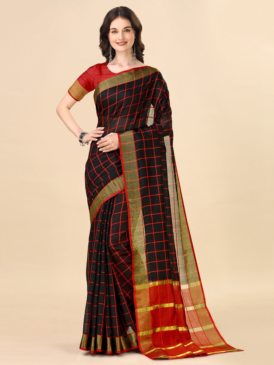 

Indian Fashionista Checked Zari Silk Cotton Ikat Saree, Black